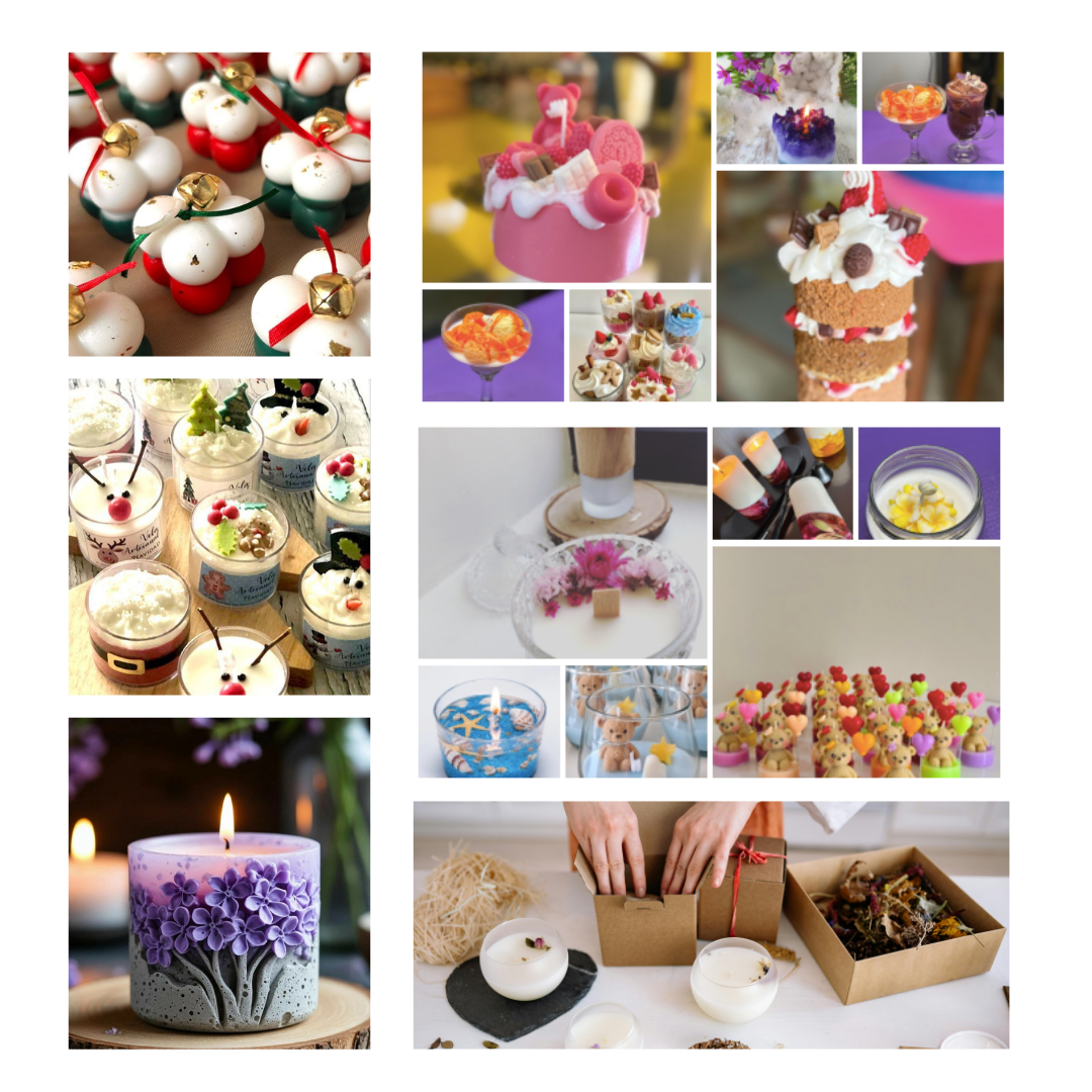 Galería de velas decorativas y postre que el alumno aprenderá a hacer